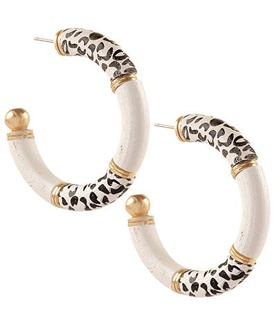 Wood Animal Print & White Hoop Earrings