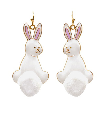 Metal Rabbit w Pom Pom Tail Earrings