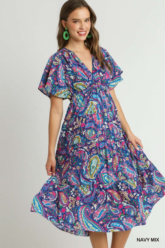 Tiered V-Neck Paisley Print Midi Dress
