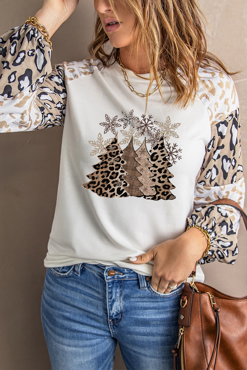 White Leopard Sleeve Christmas Trees Top