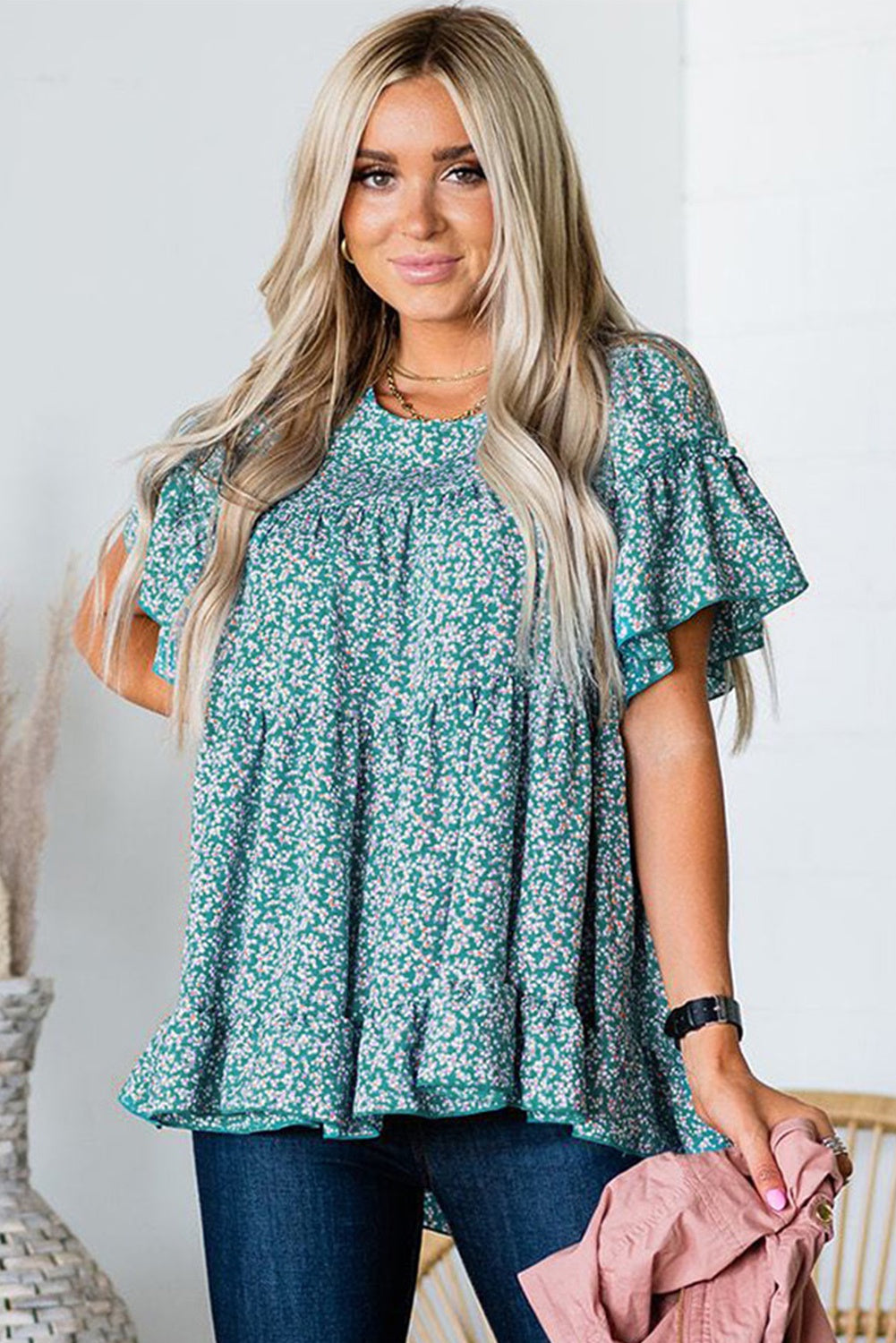 Sky Blue Tiered Floral Blouse