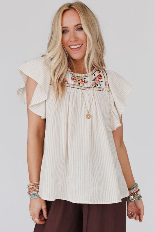Striped Ruffle Sleeve Embroidered Blouse