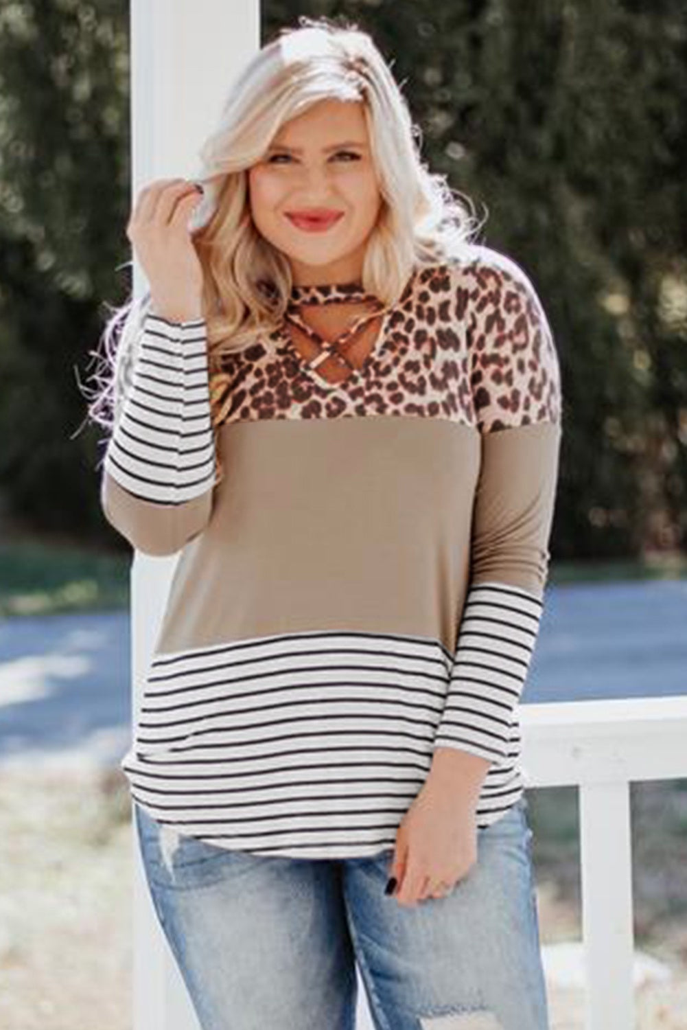 Plus Size Leopard Colorblock Striped Long Sleeve Top