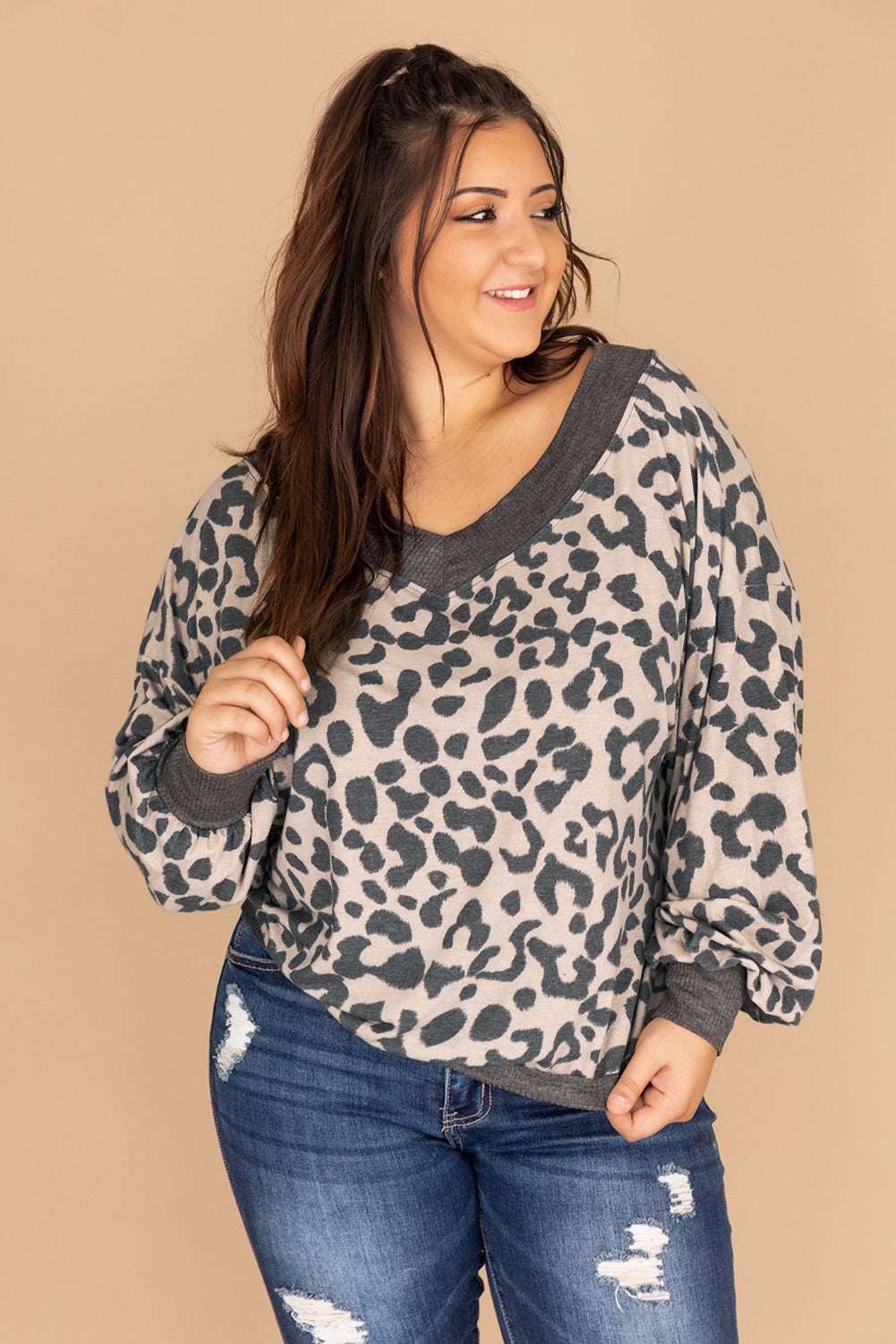 Leopard Print V-Neck Sweatshirt