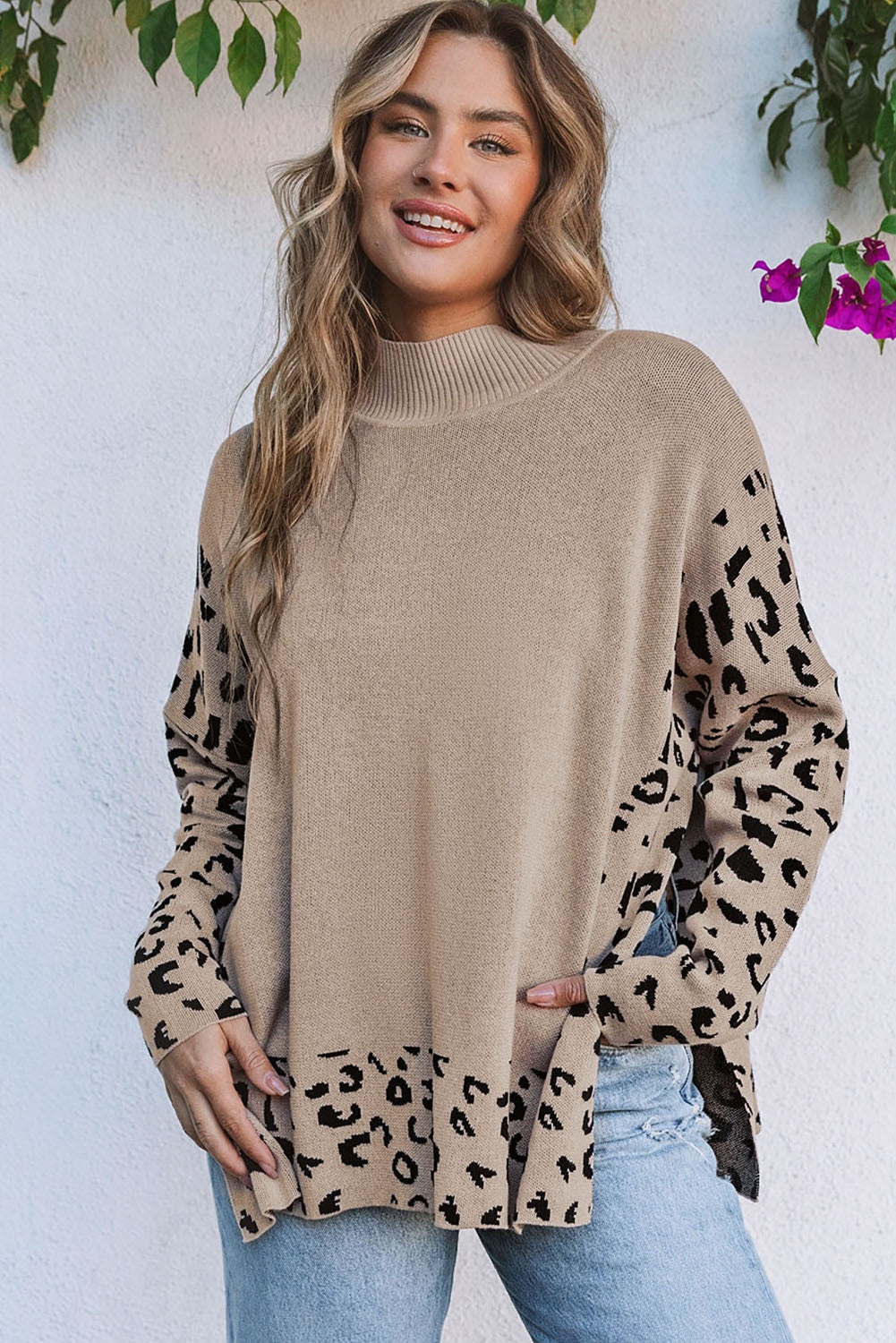 Tan Leopard Mock Neck Sweater