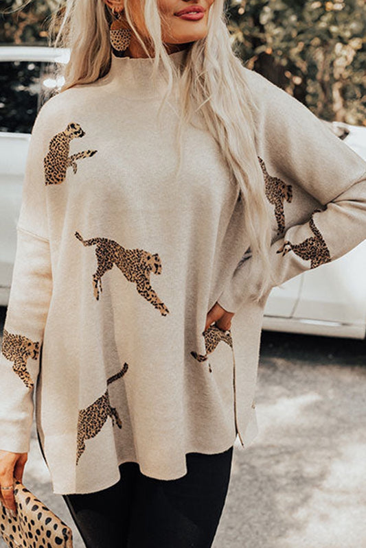 Cream Cheetah Animal Print Mock Neck Sweater