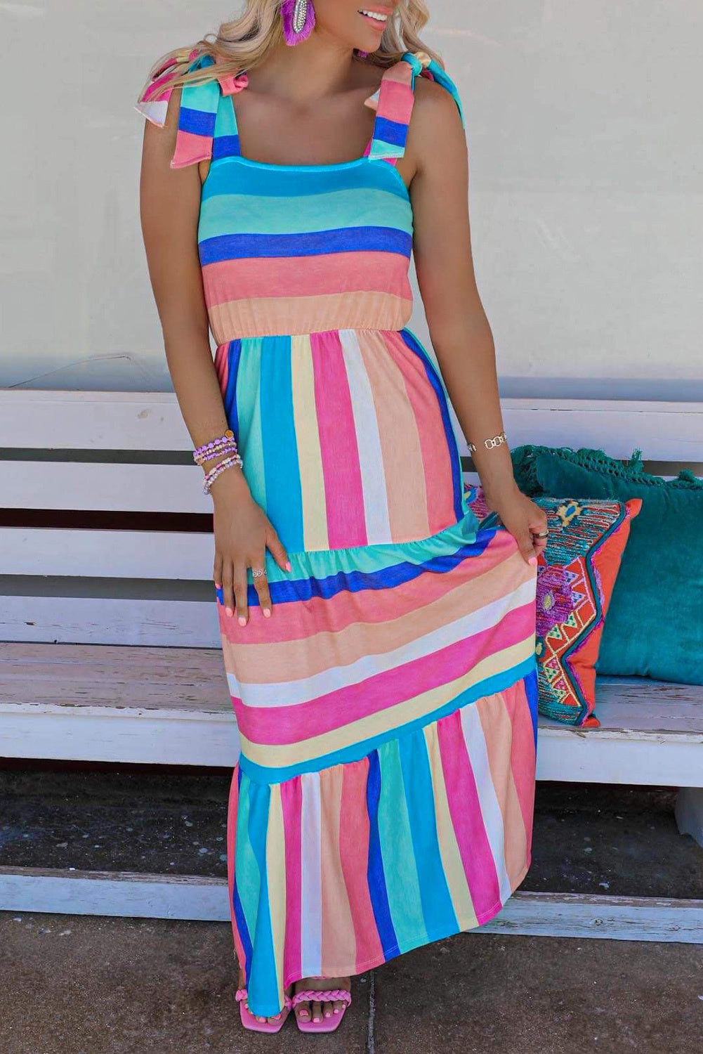 Multi-Color Stripes Tie Strap Maxi Dress