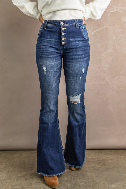 Raw Hem Distressed Button Fly Flare Jeans