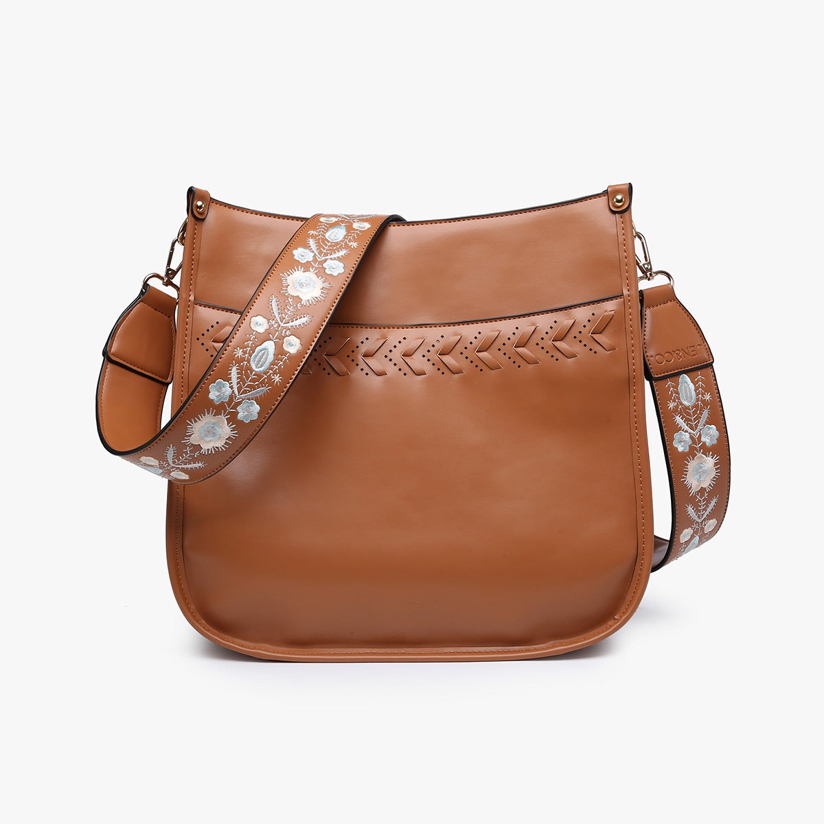 Brown Leather Embroidered Strap Crossbody Purse