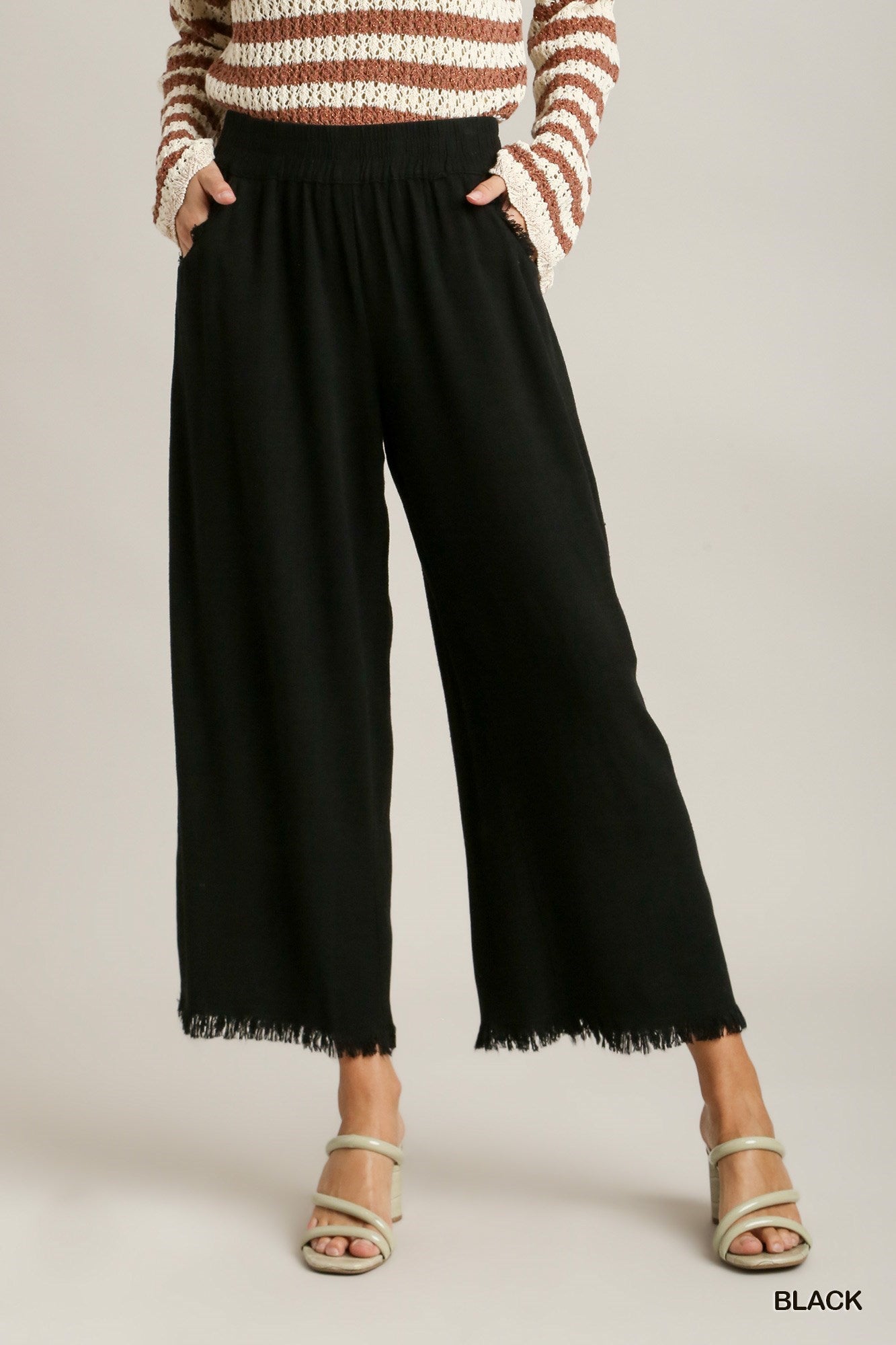 Cropped Frayed Hem Elastic Waist Linen Pants