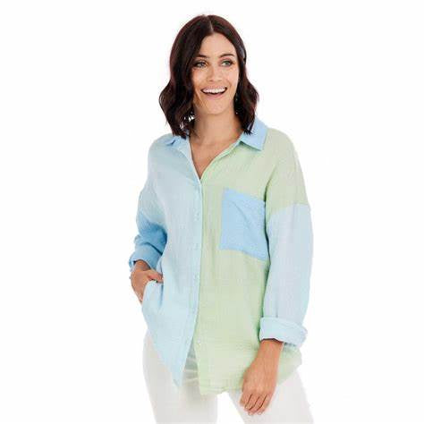 Blue & Green Colorblock Button Down Top