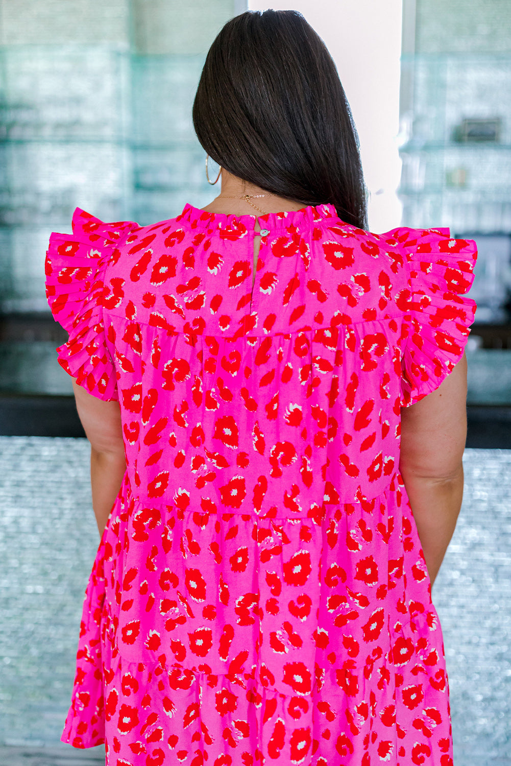 Hot Pink Leopard Print Ruffle Sleeve Dress