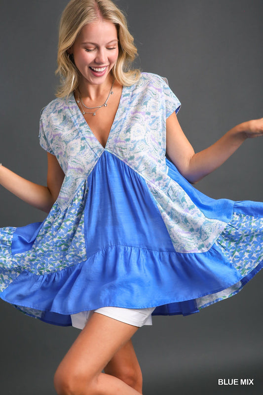 Blue Floral Mix Print Blouse