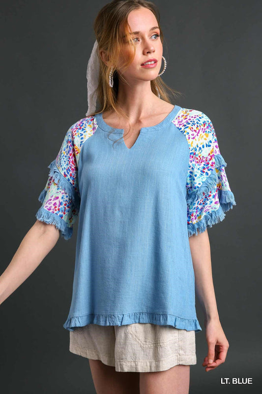 Double Fringe Colorful Sleeve V-Neck Linen Top