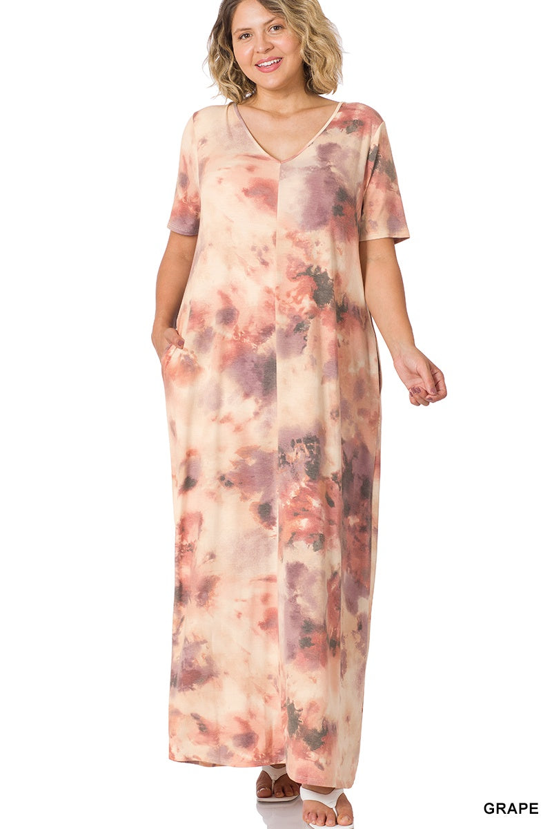 V-Neck Short Sleeve Watercolor Maxi Dress