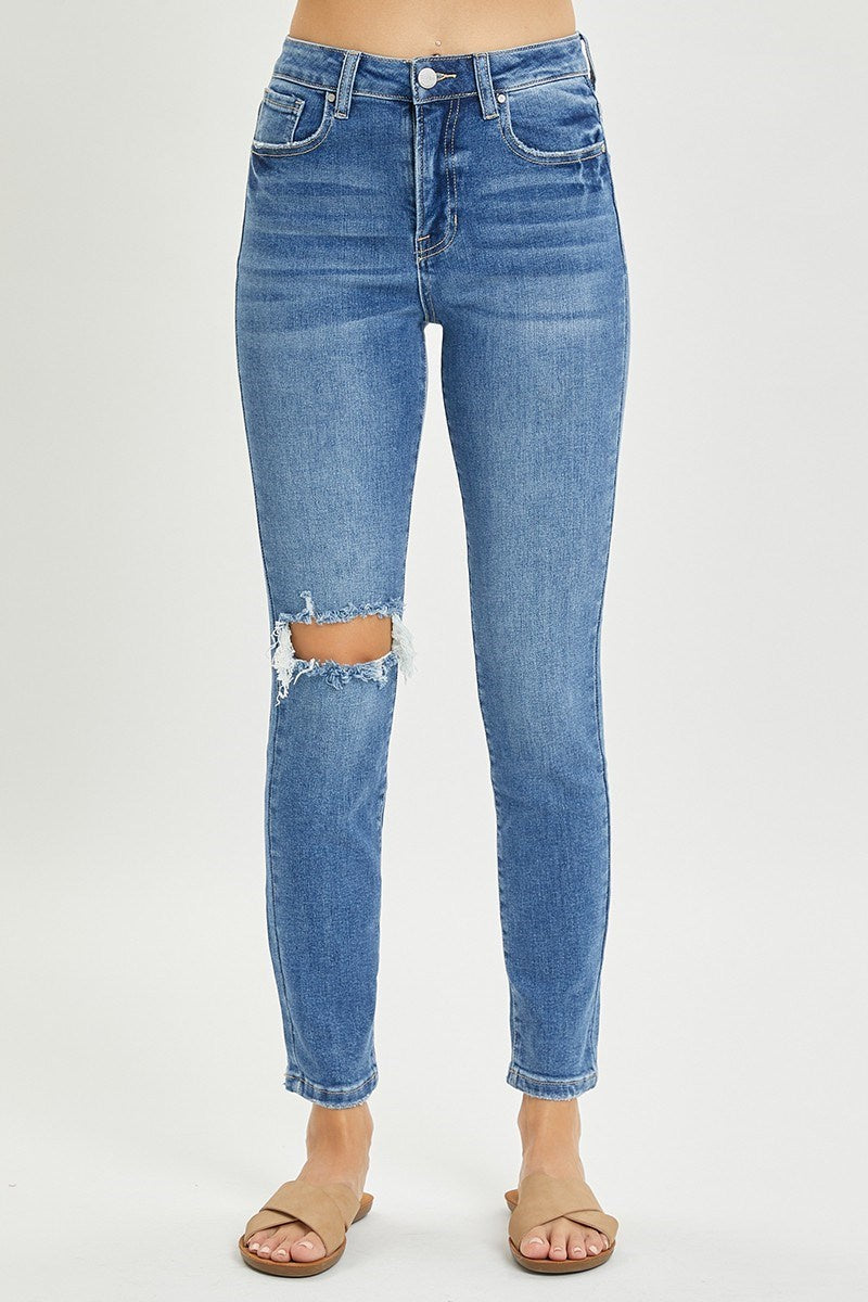 High Rise Knee Distress Ankle Slim Jean