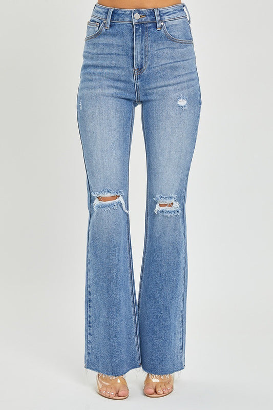 High Rise Distressed Knee Flare Jeans