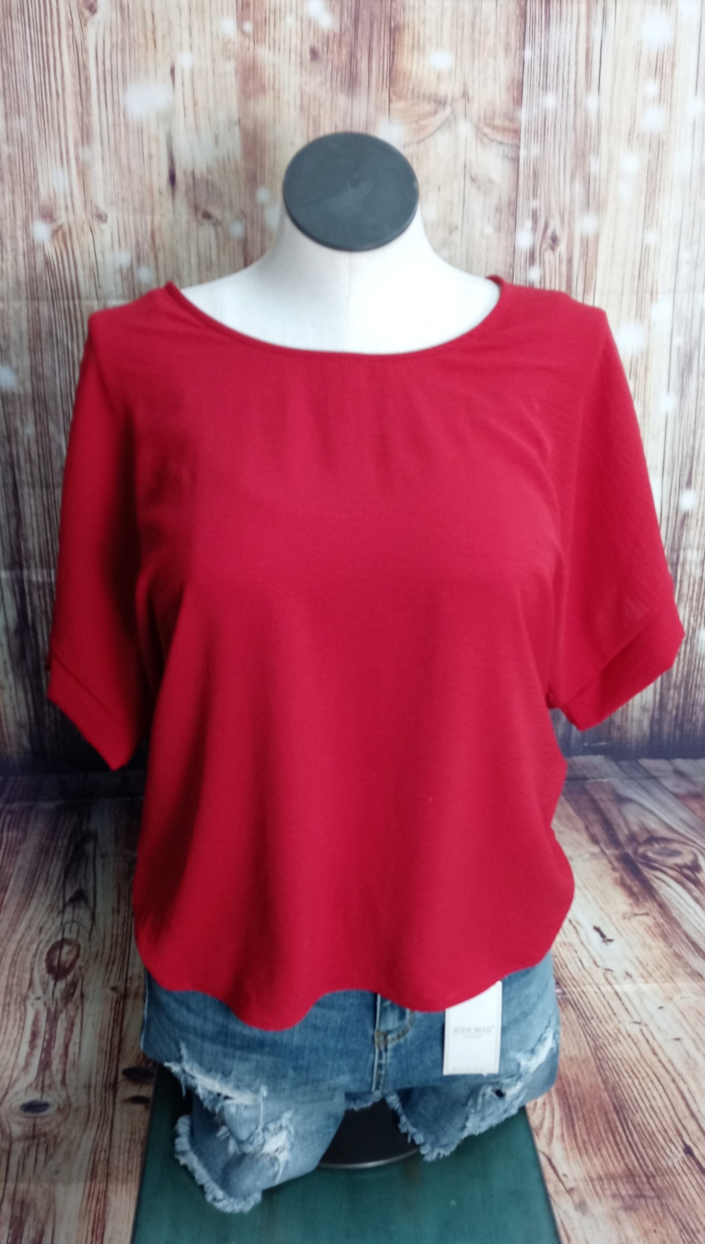 Short Sleeve Red Blouse with Cuffed Sleeve