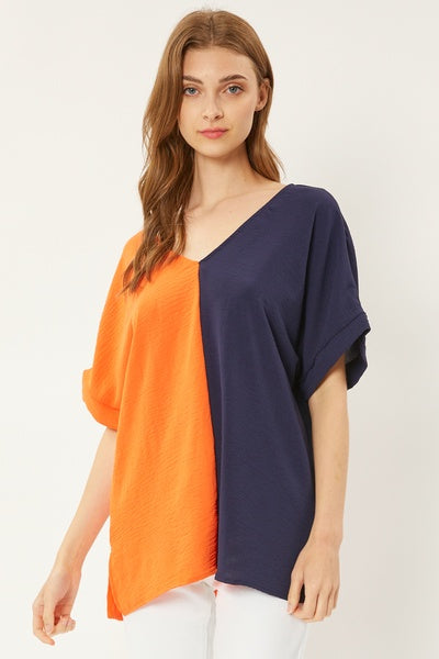 Two-Toned Rolled Short Sleeve Blouse