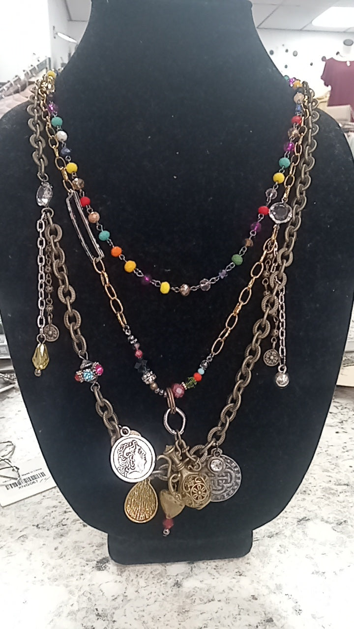 Colorful 3 Chain Necklace with coin chams