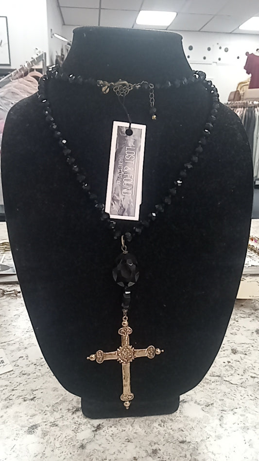 Black Beaded Necklace W gold Cross