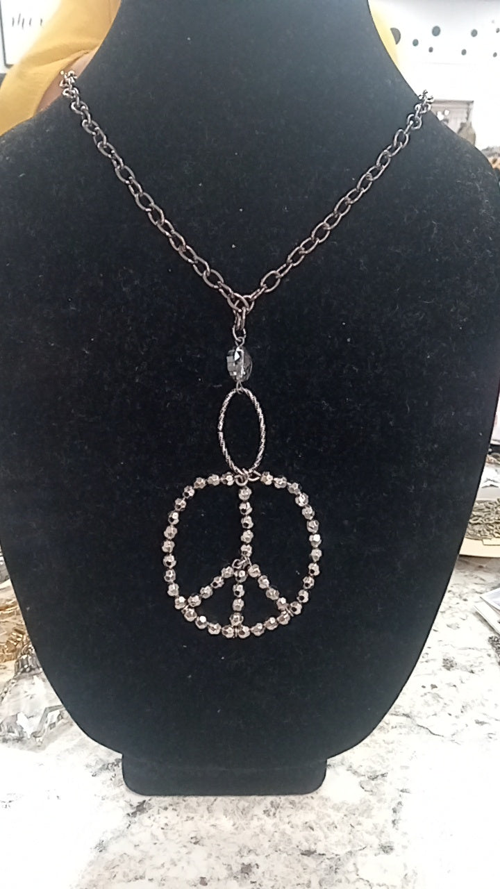 Silver Peace Sign Long Necklace