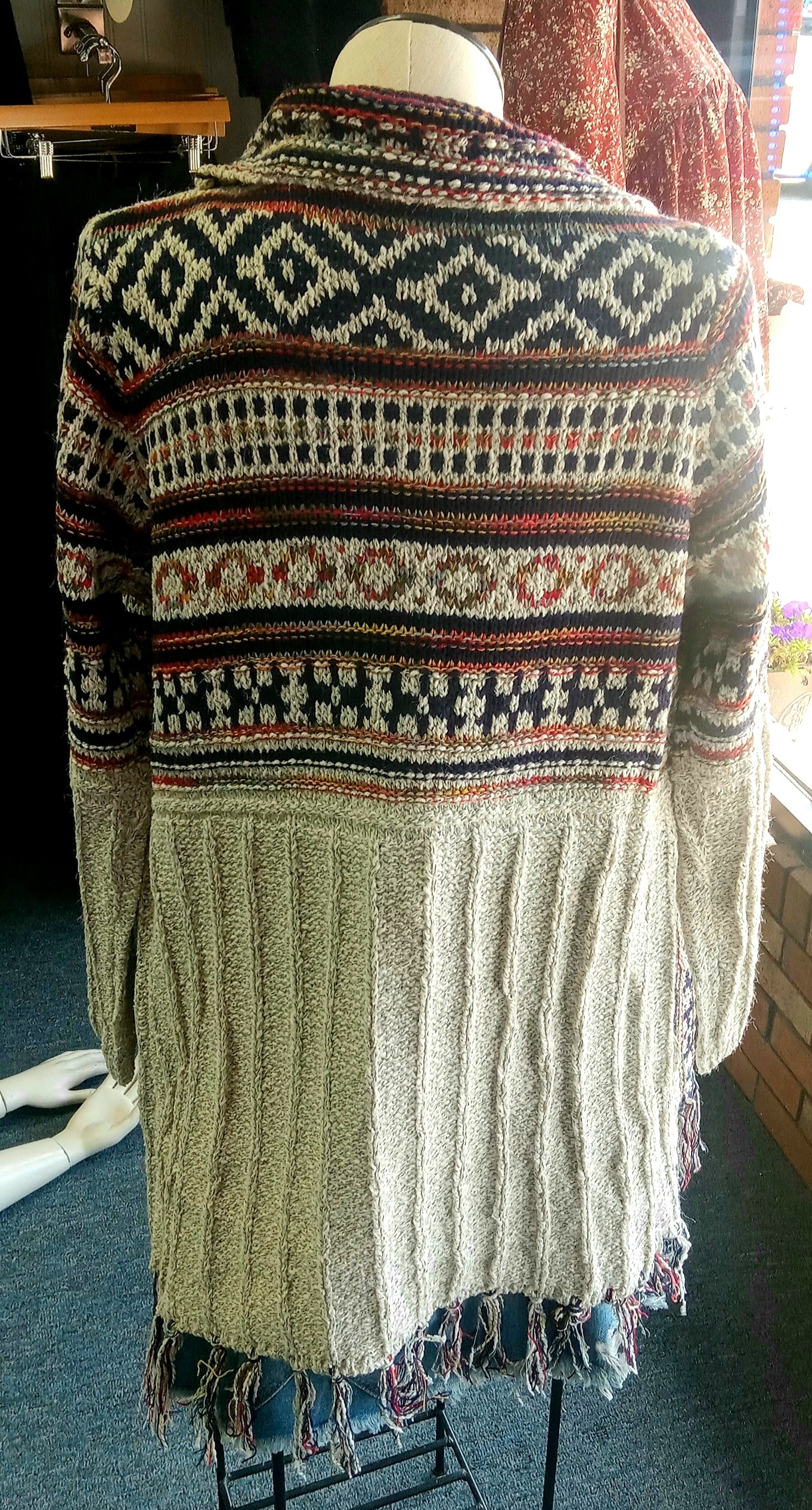 Aztec Fringe Hem Cardigan Sweater