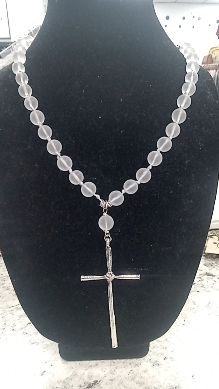 Clear Beads Silver Cross Necklace