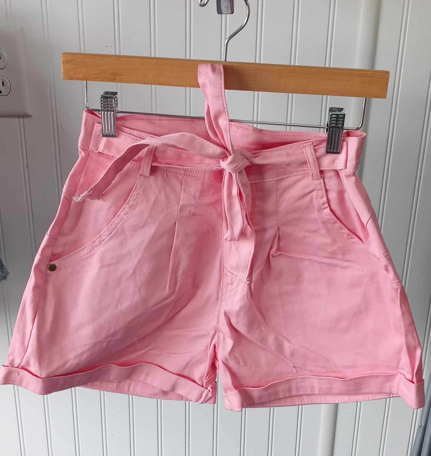 Pink Tie Waist Jean Shorts