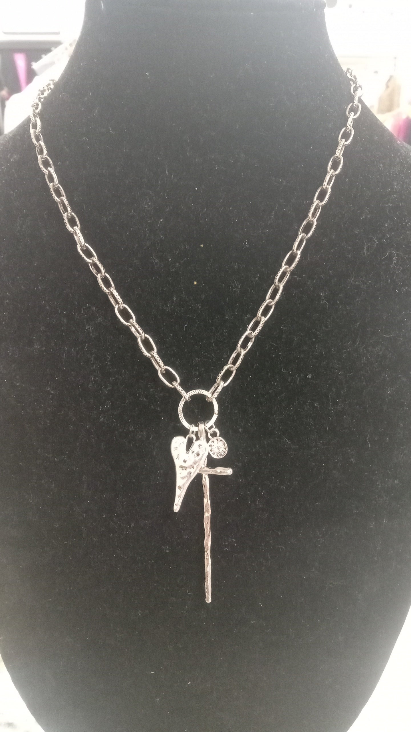 Silver Chain link Necklace w/ cross, heart