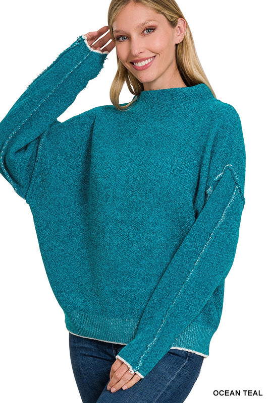 Oversized Mock Neck Exposed Seam Sweater