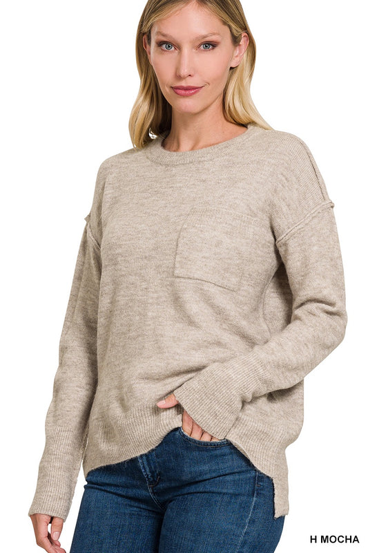 Hi-Low Hem Pocket Round Neck Sweater