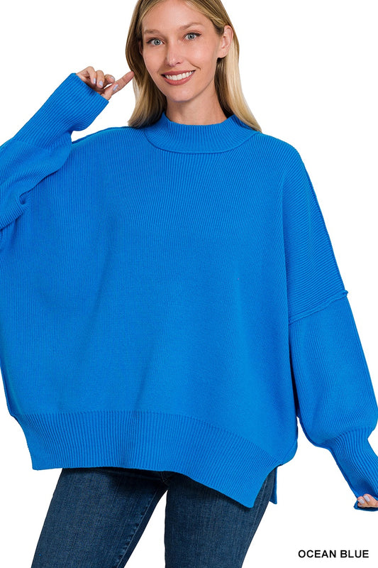 Side Slit Mock Neck Ribbed Sweater