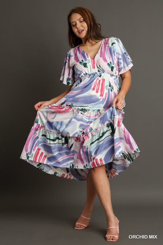 Abstract V-Neck Tiered Ruffle Midi Dress