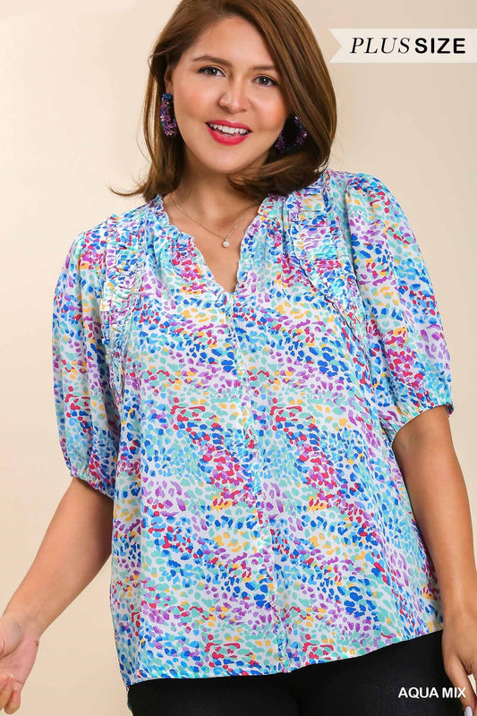 Aqua Blue Mix Print Cinched Short Sleeve Blouse