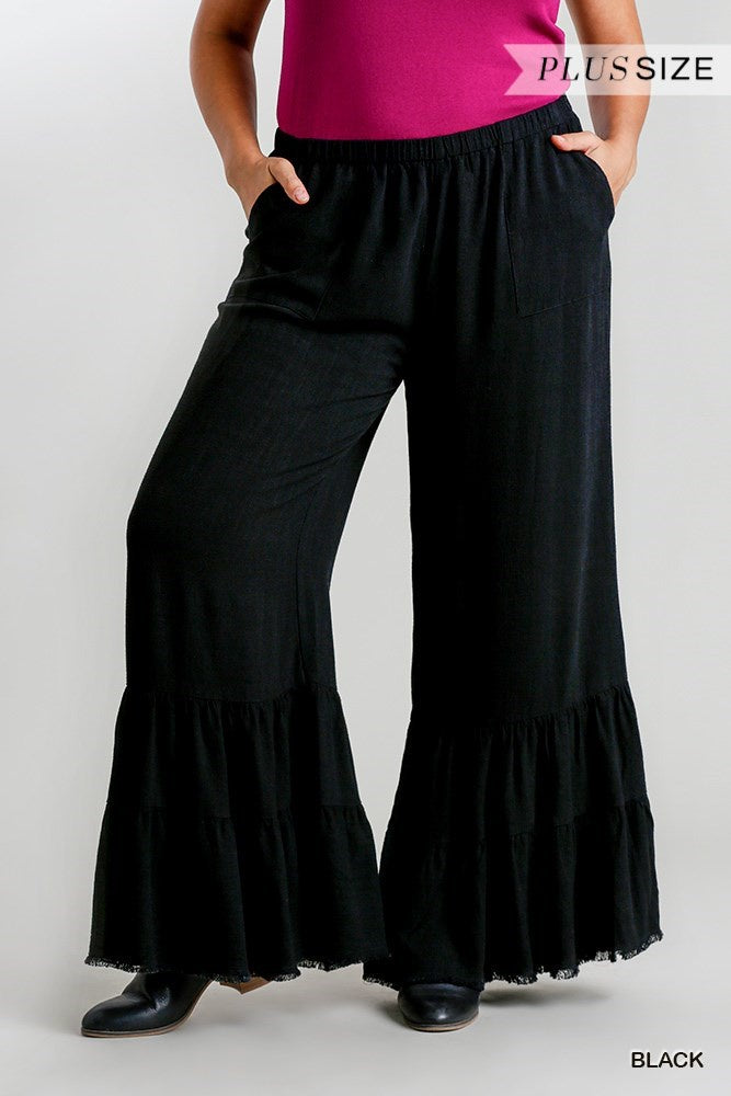 Wide Ruffle Leg Stretch Waist Band Pants