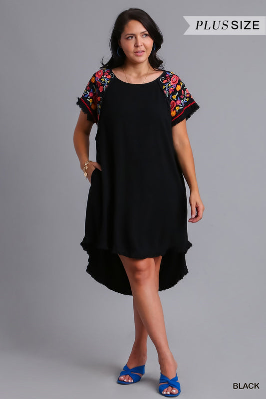 Black Linen Embroidery sleeve dress