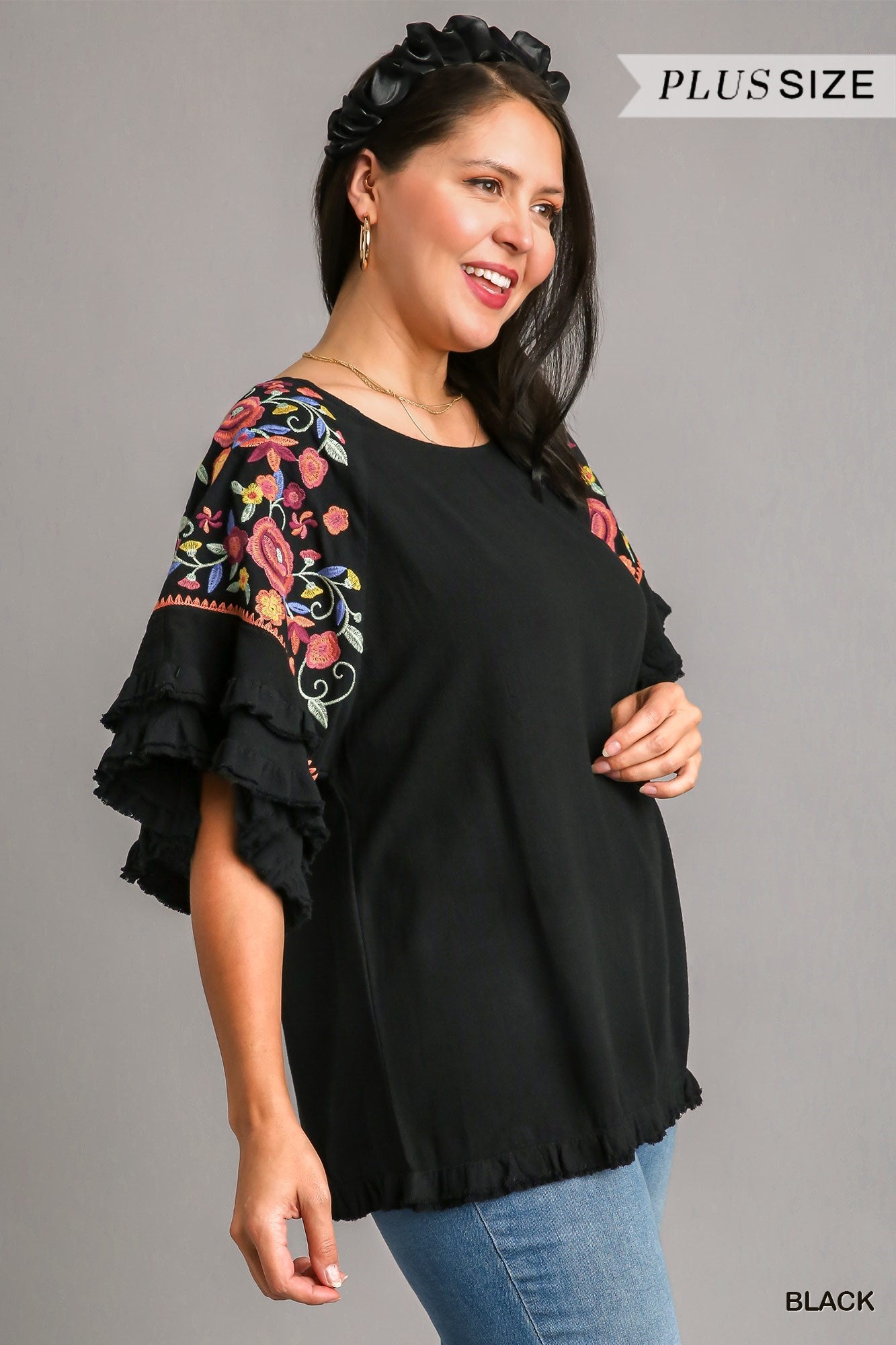Black Linen Embroidered Ruffle Sleeve Blouse