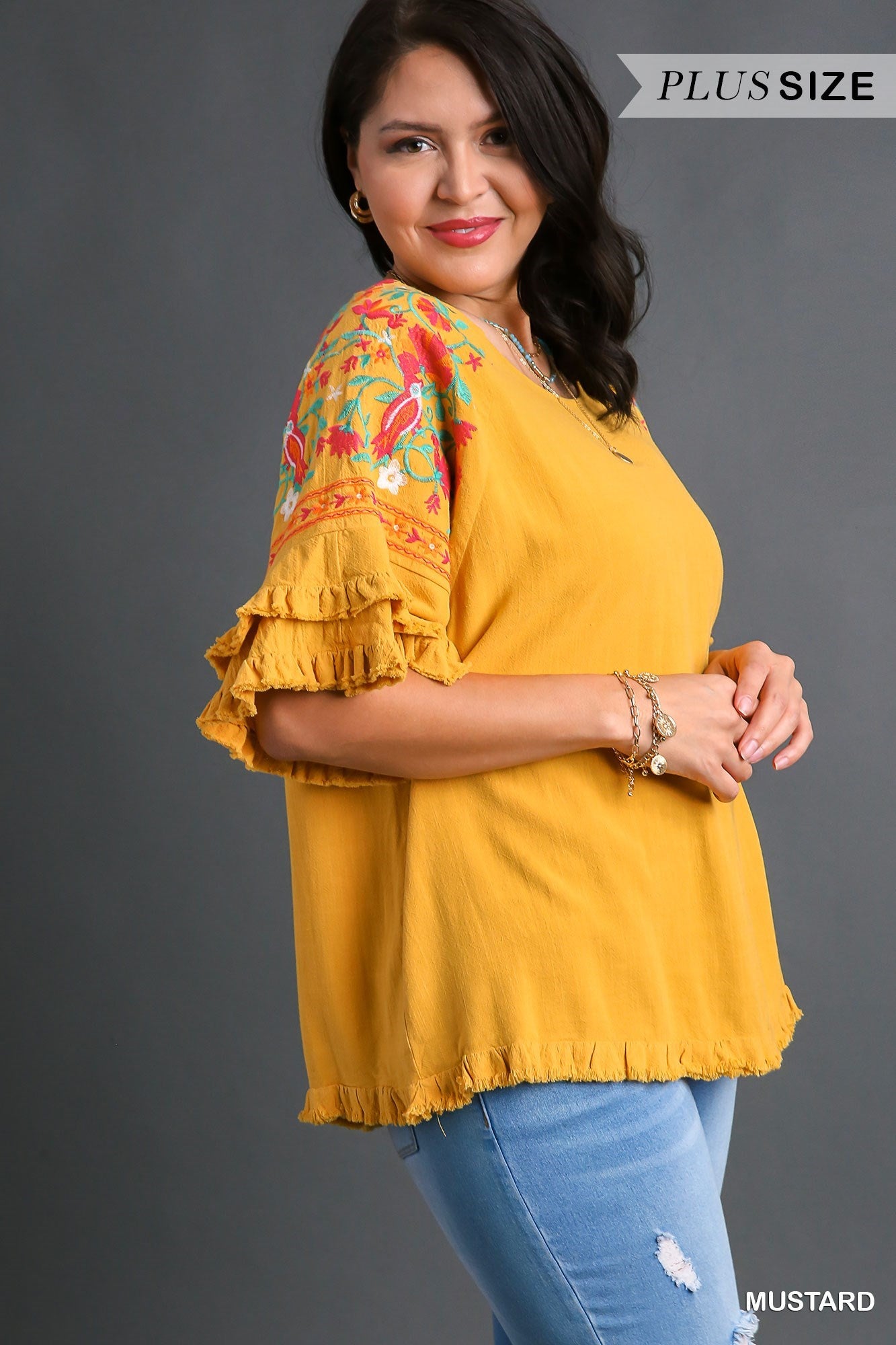 Mustard Linen Embroidered Blouse