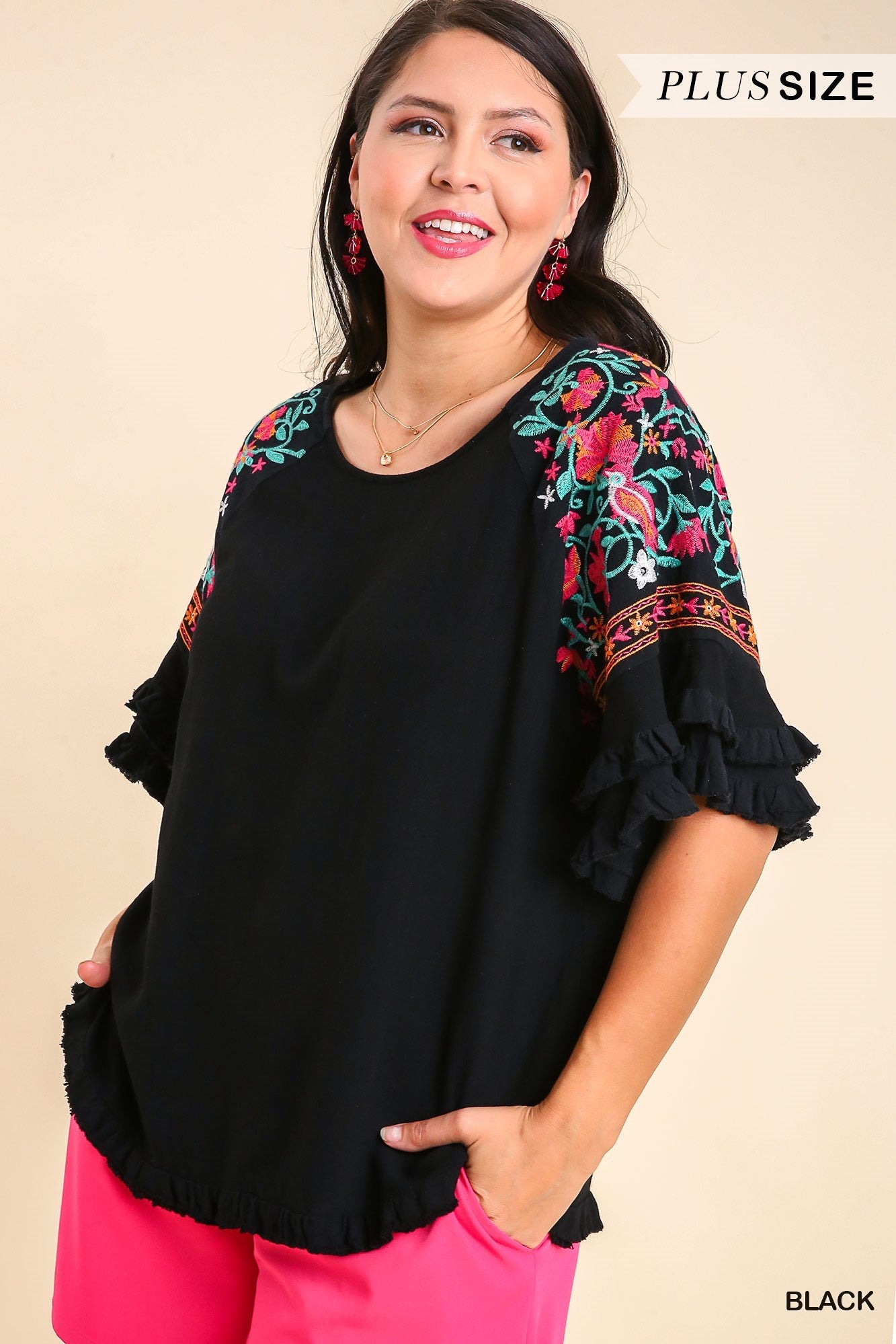 Black Embroidered Short Sleeve Linen Top