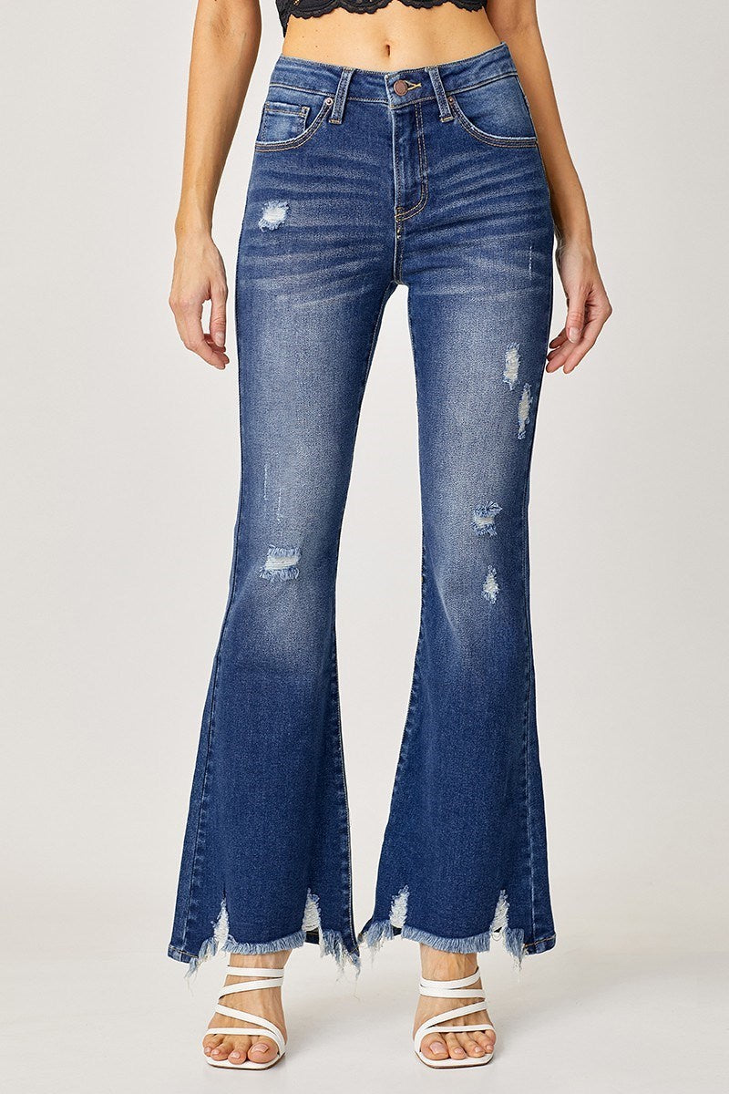 High Rise Distressed Hem Flare Jeans