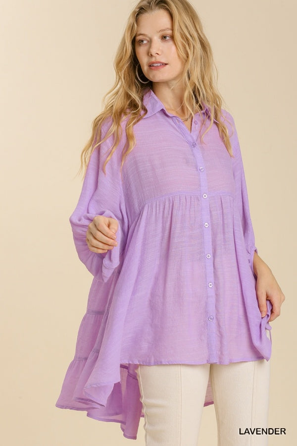 Button Up Hi-Lo Tiered Tunic Blouse