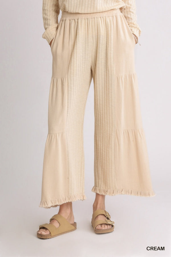 Cropped Linen Blend Tiered Pant with Frayed Hem