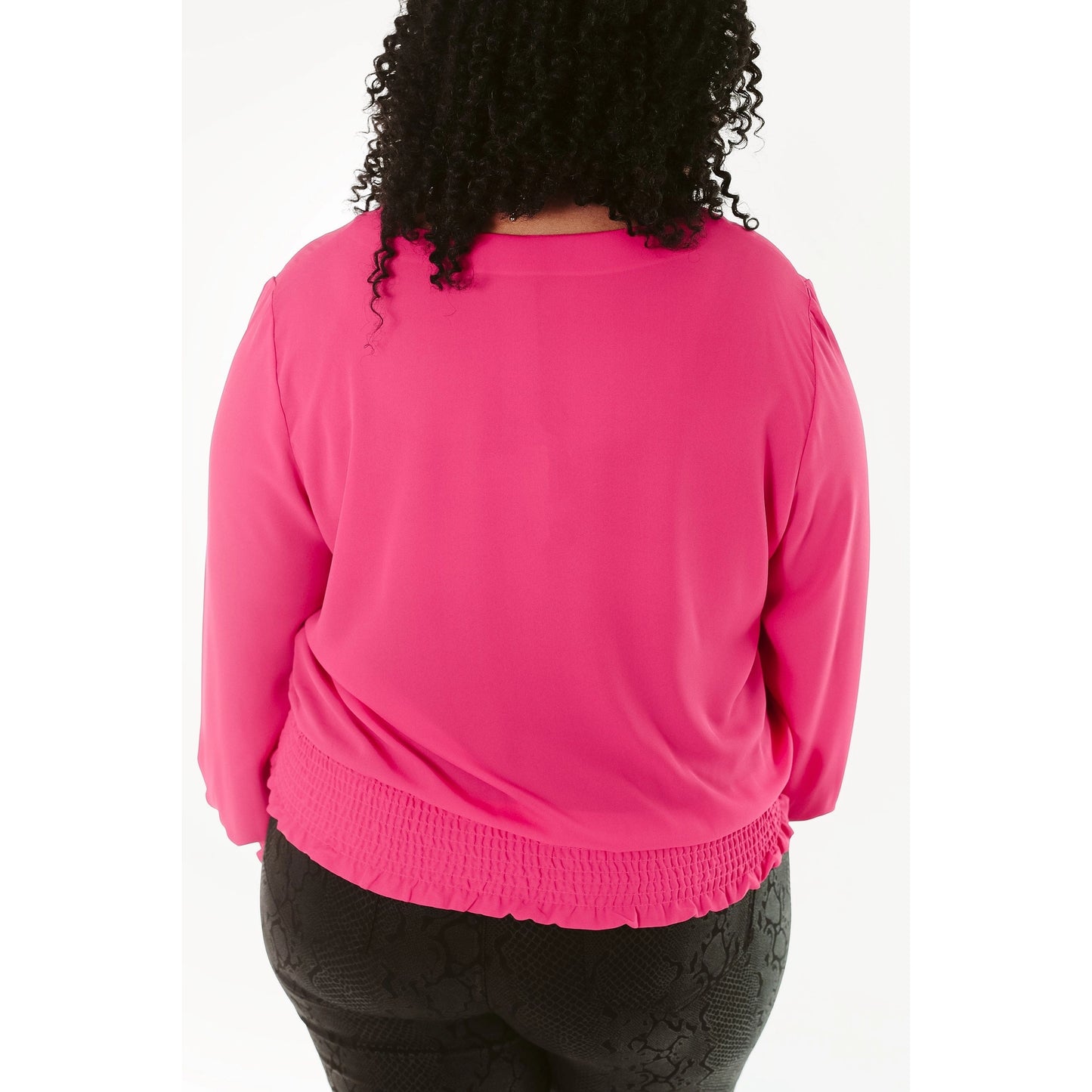 Hot Pink Cinched Sleeve V-Neck Blouse