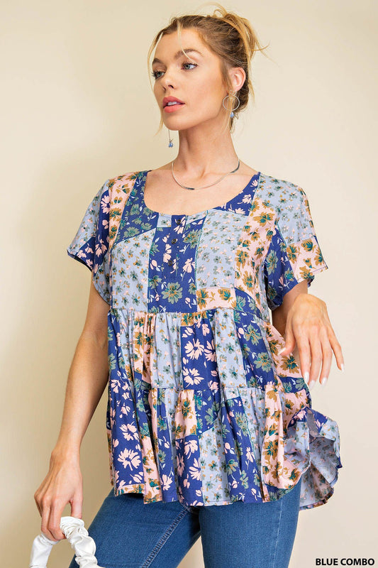 Blue Floral Patchwork Babydoll Blouse