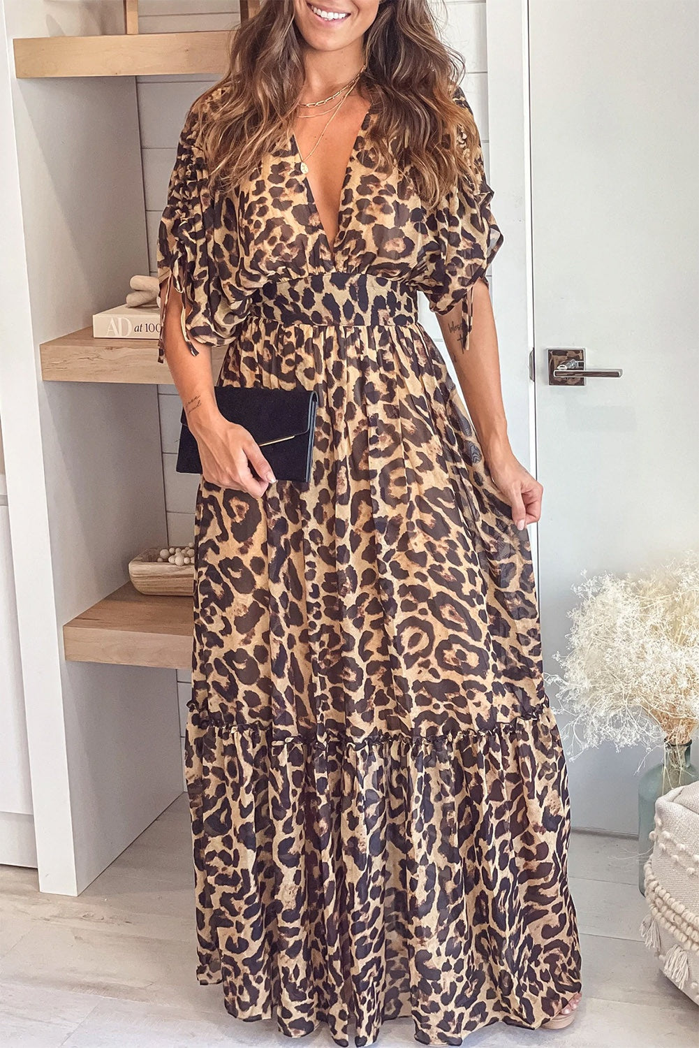 Leopard Print Drawstring V-Neck Maxi Dress