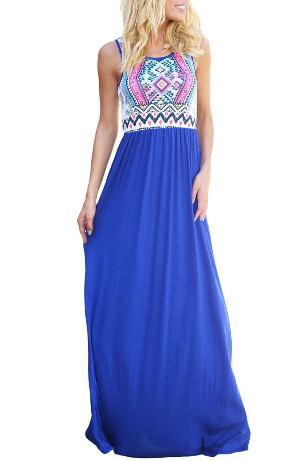 Aztec Print Sleeveless Royal Blue Maxi Dress