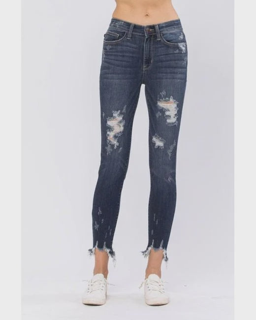 Mid-Rise Skinny Destroyed Hem Jeans