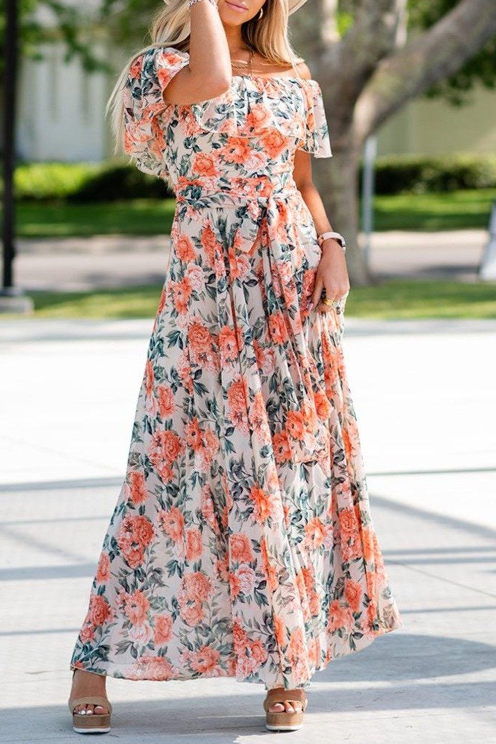 Off-Shoulder Floral Ruffle Maxi Dress