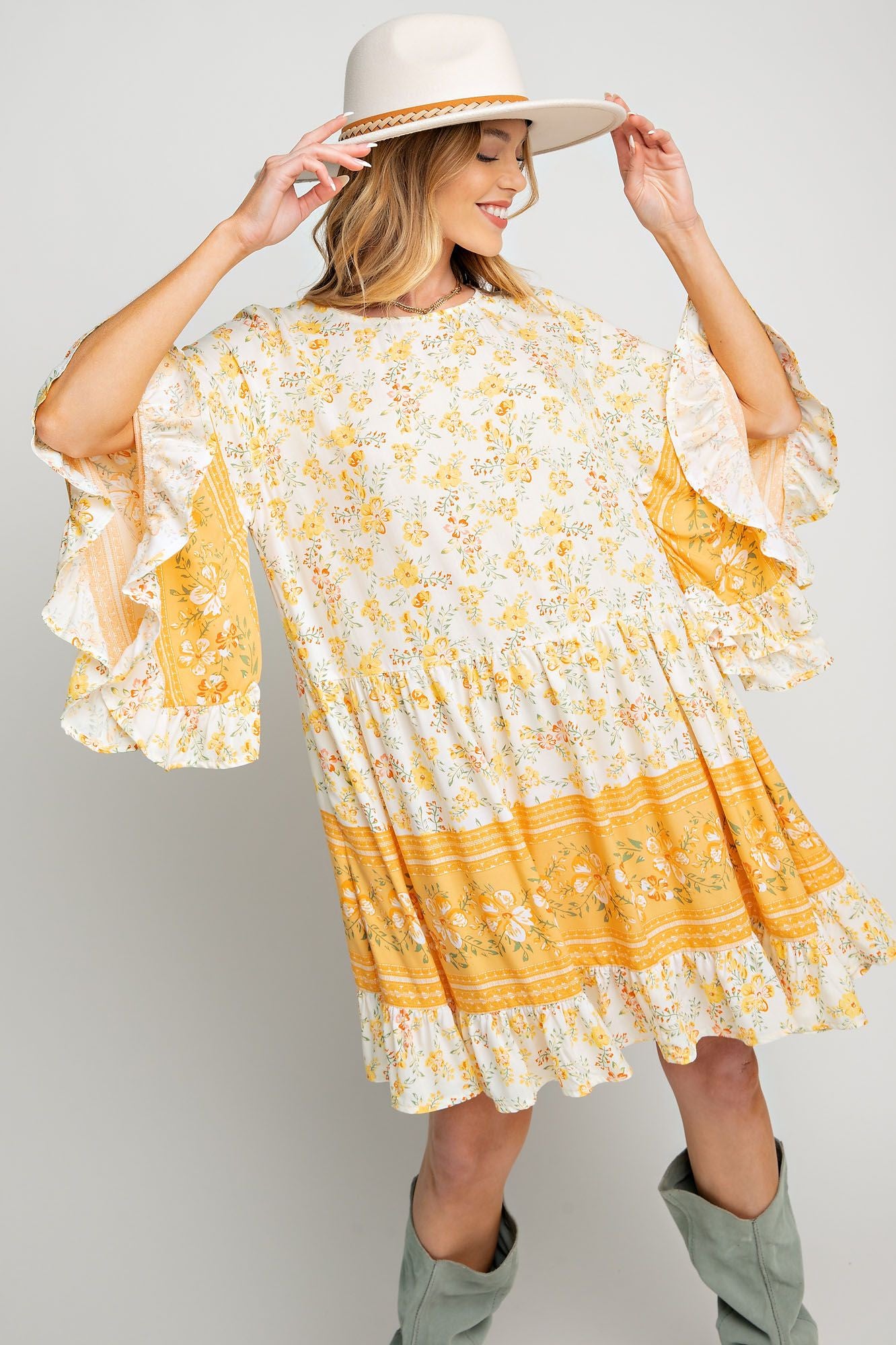 Yellow floral dress with bell sleves
